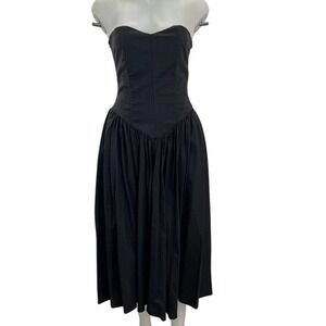 Vintage 80s Strapless Sweetheart Corset Midi Tea Dress Black Princess Waist SZ 8